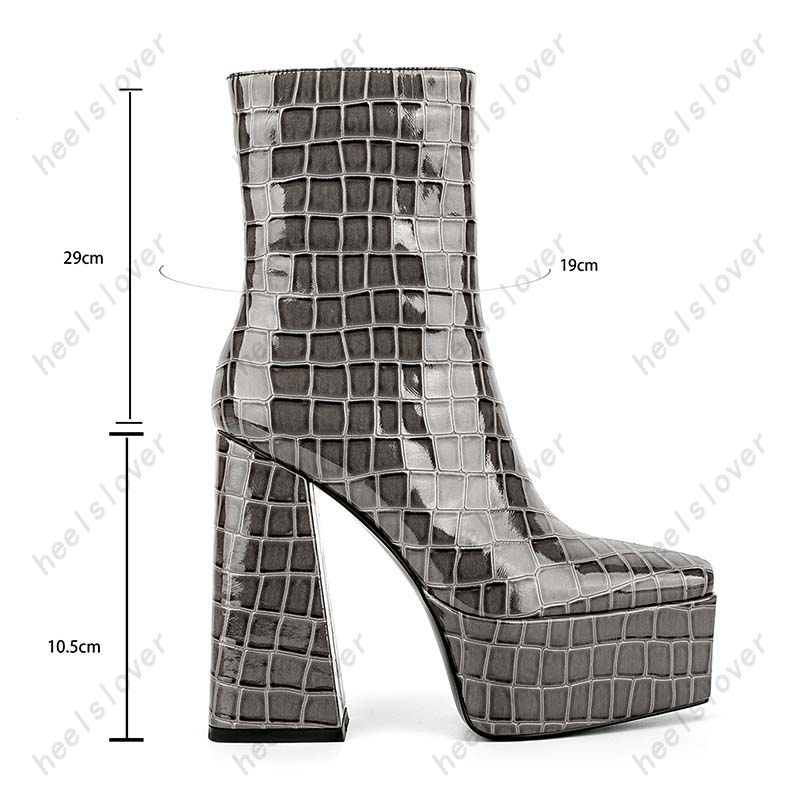 Heelslover New Fashion Women Winter Ankle Boots Shiny Chunky Heels Square Toe Pretty Grey Street Shoes Ladies US Size 5-13