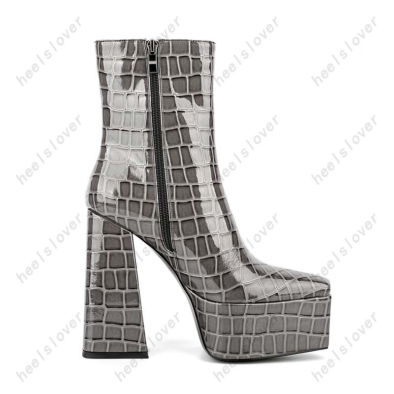 Heelslover New Fashion Women Winter Ankle Boots Shiny Chunky Heels Square Toe Pretty Grey Street Shoes Ladies US Size 5-13