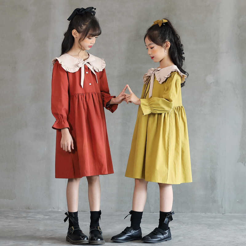 Girl's es 6Y to 16Y Girls 2022 Fall New Mori Retro Ruffles Collar Baby Christmas Dress Kids Cotton Toddler Clothes Bow #5633 0131