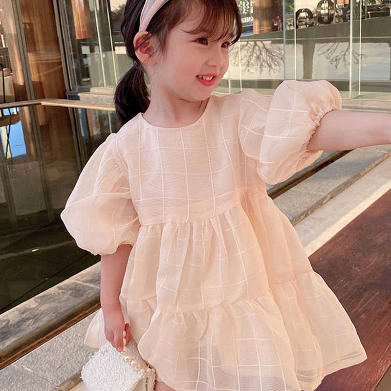 Dziewczyna Es Summer Girls Sweet New Style Plaid jasny kolor rękaw Księżniczka Dress Baby Kids Ubranie dla dzieci odzieży 0131