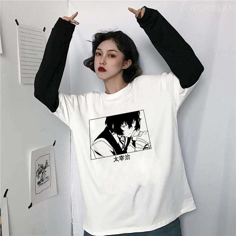 T-shirt da uomo Anime giapponesi Bungo Stray Dogs Maglietta Harajuku Kawaii Osamu Dazai Grafica in bianco e nero Moda Hip Hop a righe Manica lunga Y2302