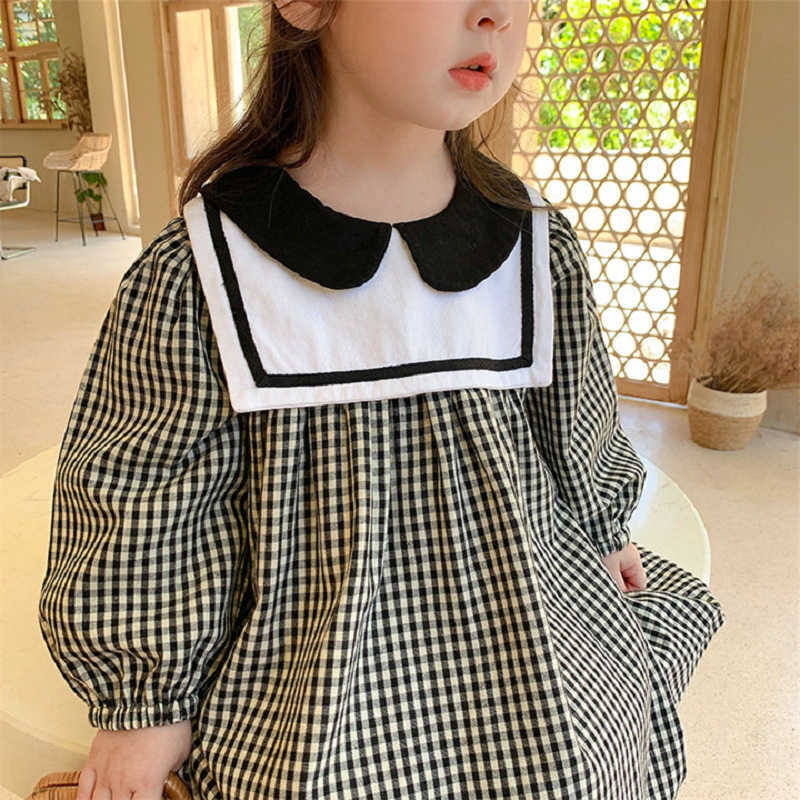 Girl's jurken Kids Girls Sailor Collar Plaid Dress 2022 Spring Nieuwe Kinderen Katoen Casual Kleding Fashion Cute #9399 0131