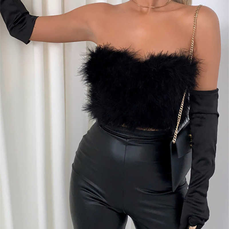 Kobiety dla kobiet Camis Gaono Women Faux Fur Trim Rave Bandeau Crop Tops Off ramion patchwork tył zamek błyskawiczny z czołgiem kamizelki kamizelki streetwear y2302