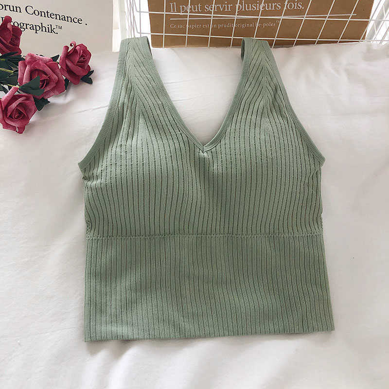 Kvinnors tankar Camis Pearl Diary Bra Topps Summer V Neck Rib Crop Tank Top med avtagbara bh -kuddar ärmar Solid Color Backless Sporty Bh Top Y2302