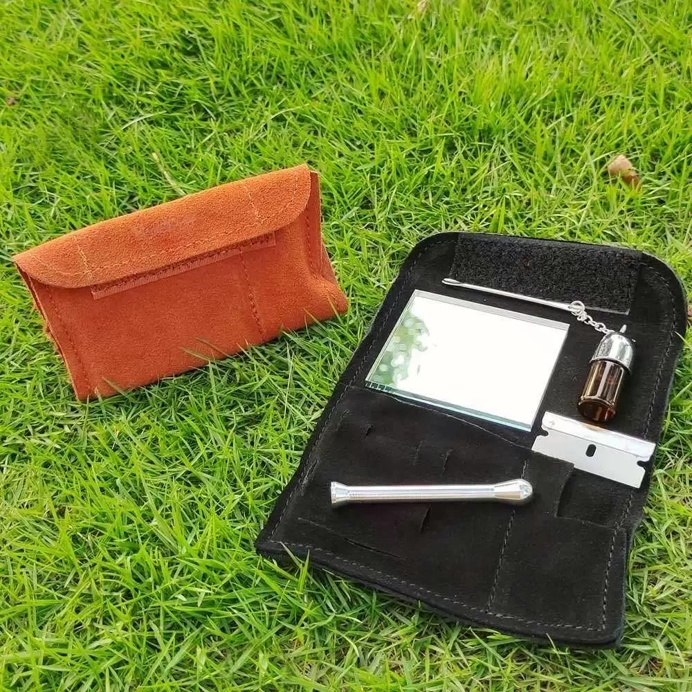 Snuff Kit hand cutter and Snorting Set in a leather wallet Sniff Bottle Spoon Mirror 5 in one