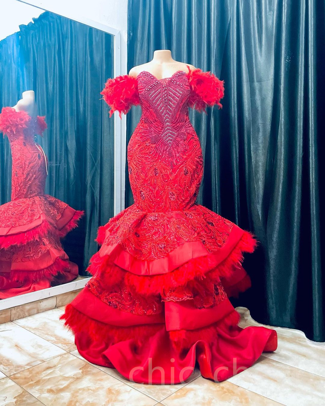 2023 Arabic Aso Ebi Mermaid Red Prom Dresses Lace Beaded Feather Evening Formal Party Second Reception Birthday Engagement Gowns Dress ZJ202