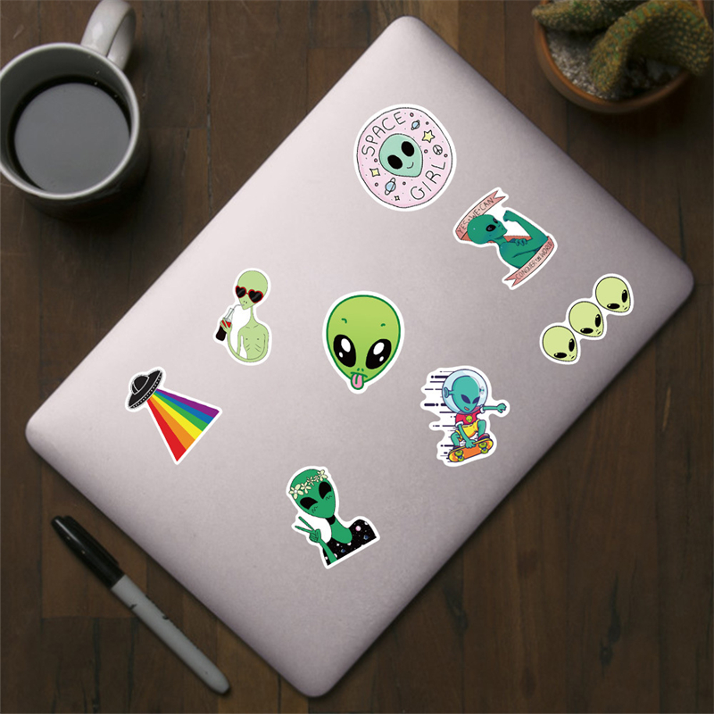 50 pegatinas alienígenas | UFO pegatinas de vinilo impermeables para botellas de agua Laptop equipaje taza teléfono móvil Skateboard calcomanías CNY049