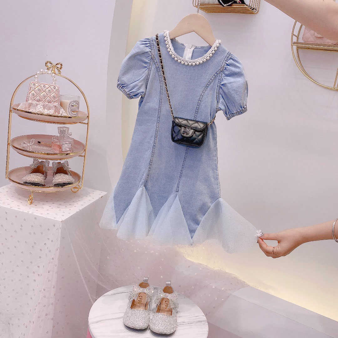 Girl's es Summer Girls Short-Sleeved Fashion Pearl Decorative Collar Children'S Fishtail Baby Girl Beaded Mesh Denim Dress