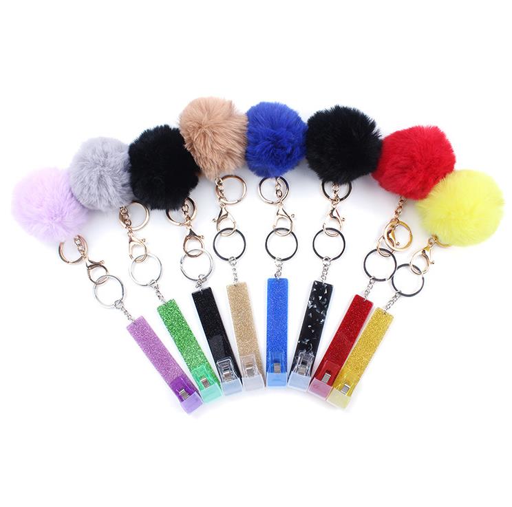 Party Favor ATM Card Puller Key Rings Acrylic Credit Card Grabber with Rabbit Fur Ball Keychain SN5097