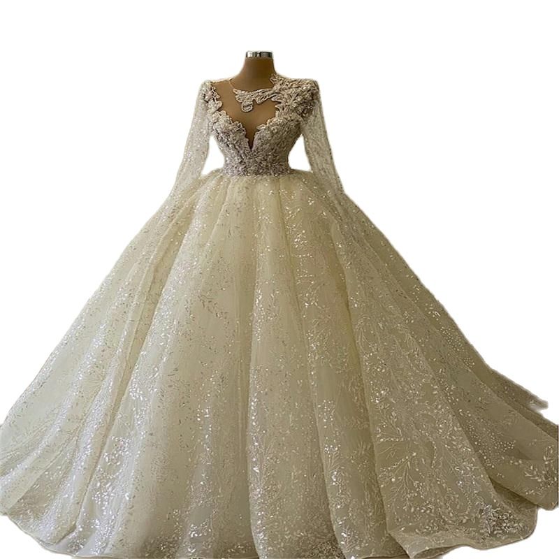 Glitter Ballkleid Brautkleider Lange Ärmel Sheer Neck Applizierte Pailletten Perlen Brautkleider Luxus Dubai Nach Maß Vestidos D2462