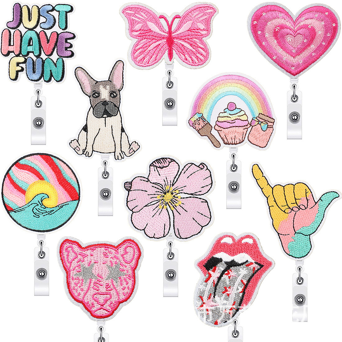 Notions Butterfly Emboridered Retractable Badge Reels Holder with Alloy Alligator Clip Cute Pink Love Heart Resin ID Card Decorative Badge Name Tag Holders
