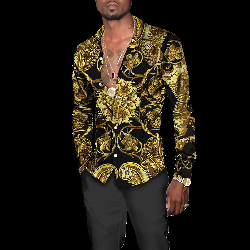 Мужские повседневные рубашки Модные золотые цветочные 3D-принты Мужские рубашки на пуговицах в стиле барокко с отложным воротником Топы с длинными рукавами Повседневная одежда для социальных вечеринок 230202