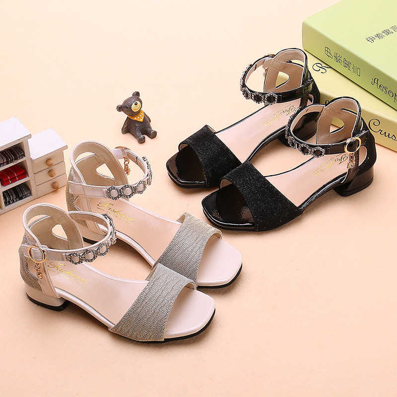 Girls Sandals Summer New Korean Style Children Versatile Rhinestone Beautiful Princess Party Wedding Shoes Low Heels Shine