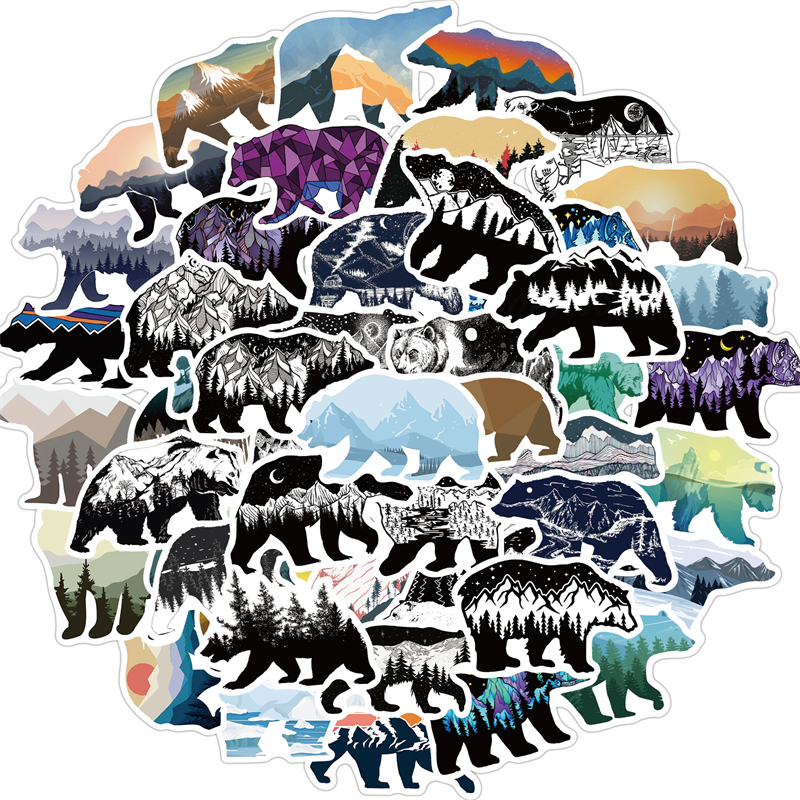 Grizzly Bear Stickers with Mountains, Rivers, Sun, Moon and Stars AZ219