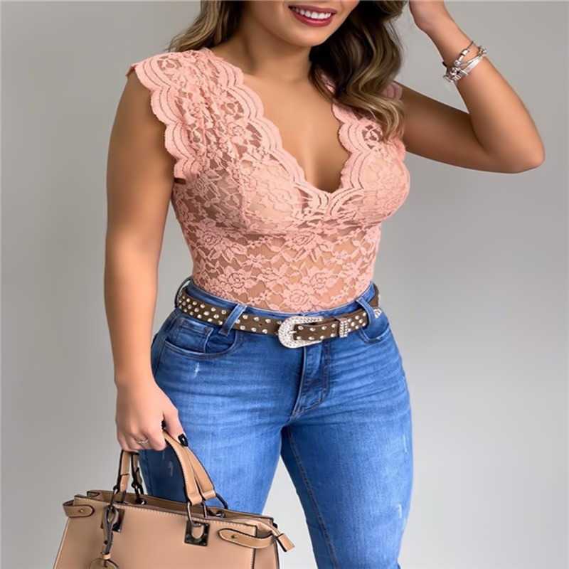 Women's Tanks Camis S-5XL Lace Blouses Shirts Sexy Club Female Acrylic Shirts Deep V Summer Fashon Tops Lace Sexy V Neck Sleeveless Fashon Top Y2302