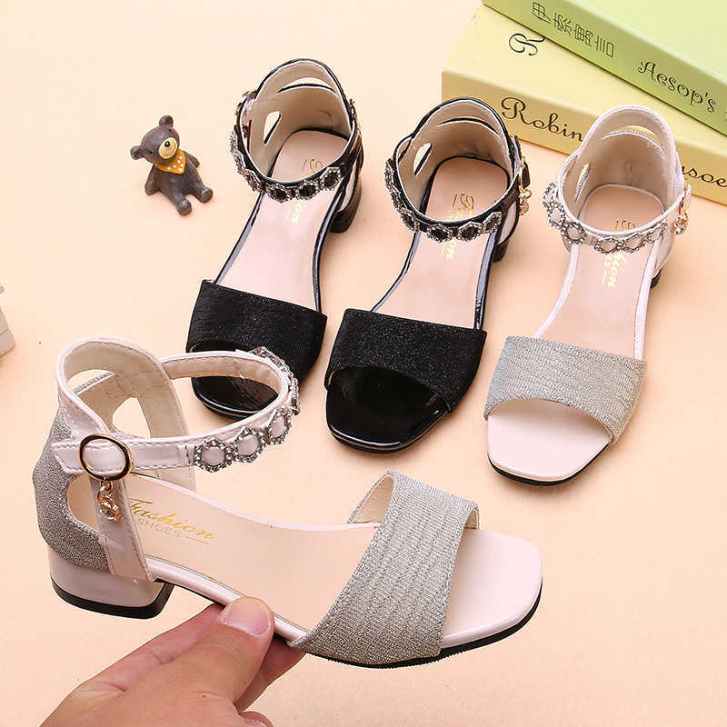 Girls Sandals Summer New Korean Style Children Versatile Rhinestone Beautiful Princess Party Wedding Shoes Low Heels Shine