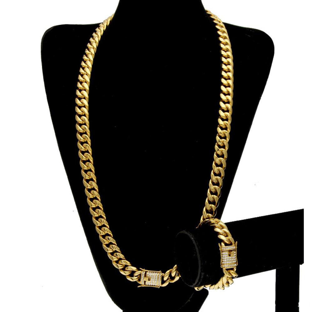 Rostfritt st￥l armband halsband 24k fast guldelektroplatta gjutningsl￥s w/diamant kubansk l￤nk halsband armband f￶r m￤n trottoarkant smycken set 10mm/14mm