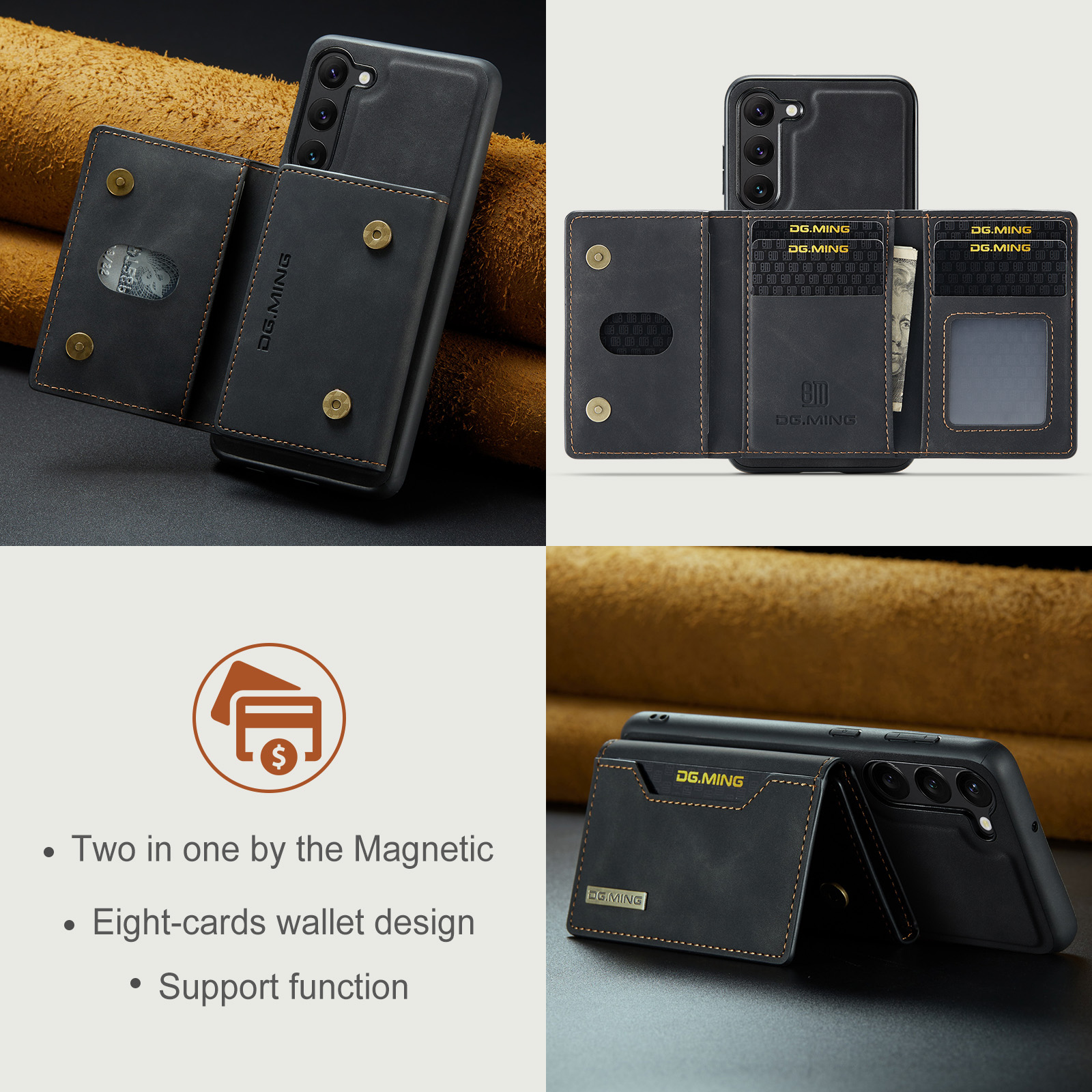 DG.MING 2IN1 Wallet Pack Läderfodral för iPhone 15 14 Plus 13 12 11 Pro Max XR XS 8 7 iPhone15 -kortplats Pocket Holder Stand Pouch Business Mobile Smart Phone Väskor