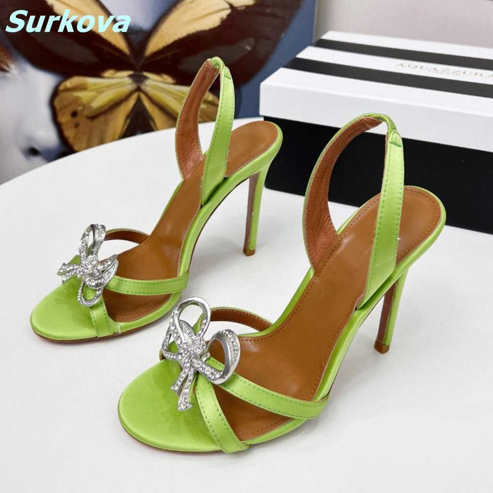 Rhinestone Butterfly Knot Sandaler Blue Round Toe Tun High Heel Slip On Back Strap Fashion Summer Women Party Shoes Quality 220202