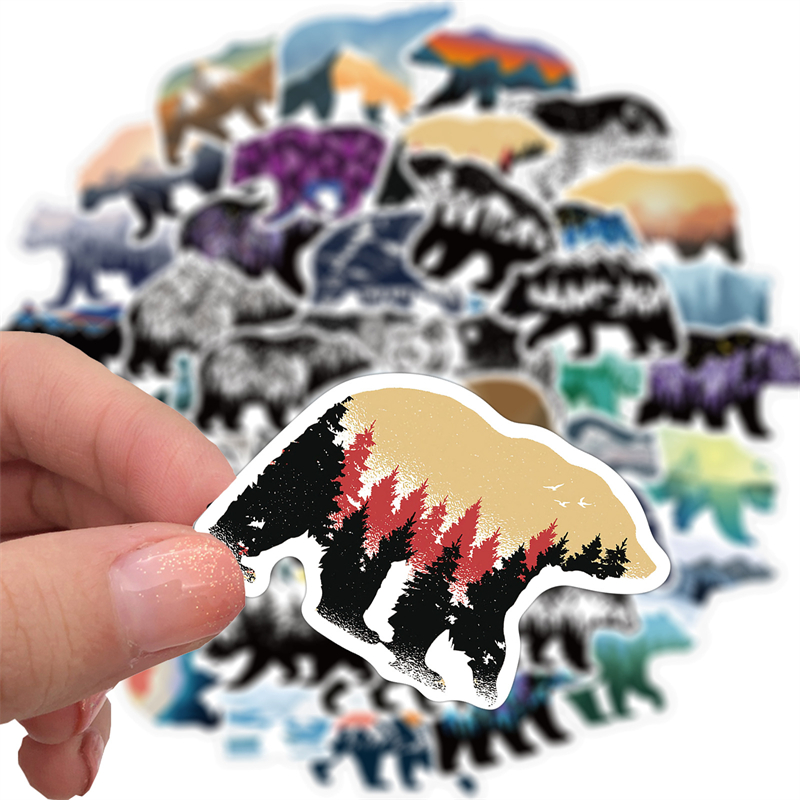 Grizzly Bear Stickers with Mountains, Rivers, Sun, Moon and Stars AZ219