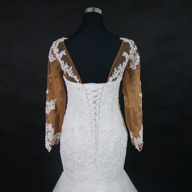 2023 Long Sleeve Mermaid Wedding Dresses Bridal Gowns Sheer Jewel Neck Lace Appiqued Robe de Mariee 아랍어 웨딩 드레스
