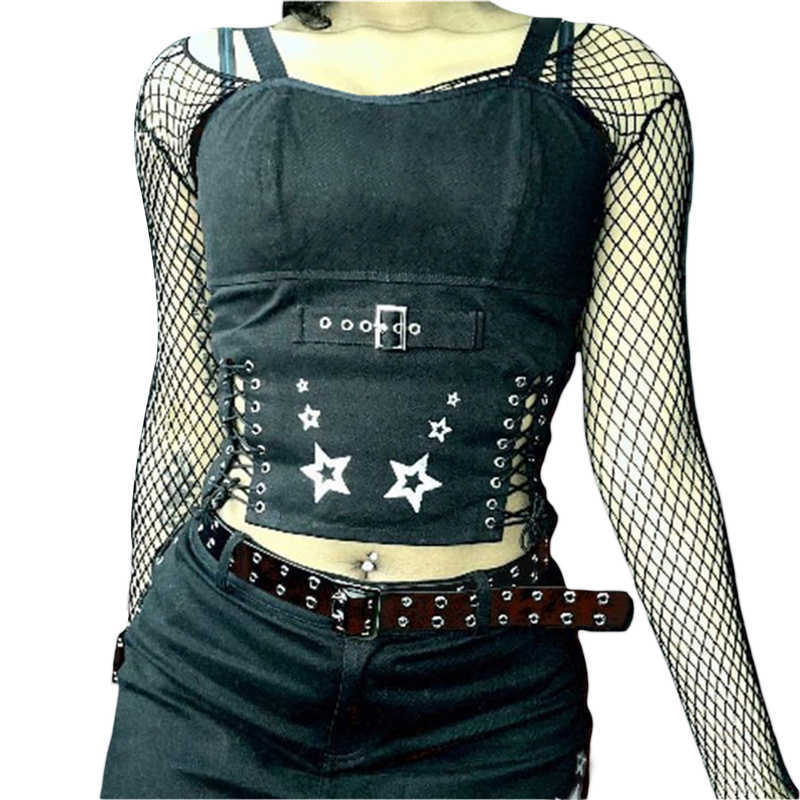 Zbiorniki damskie Camis Xingqing Gothic Crop Tops for Women Star Print Spaghetti Pasek Sleveless Camisole Punk Tank Dark Academia Ubrania Streetwear Y2302