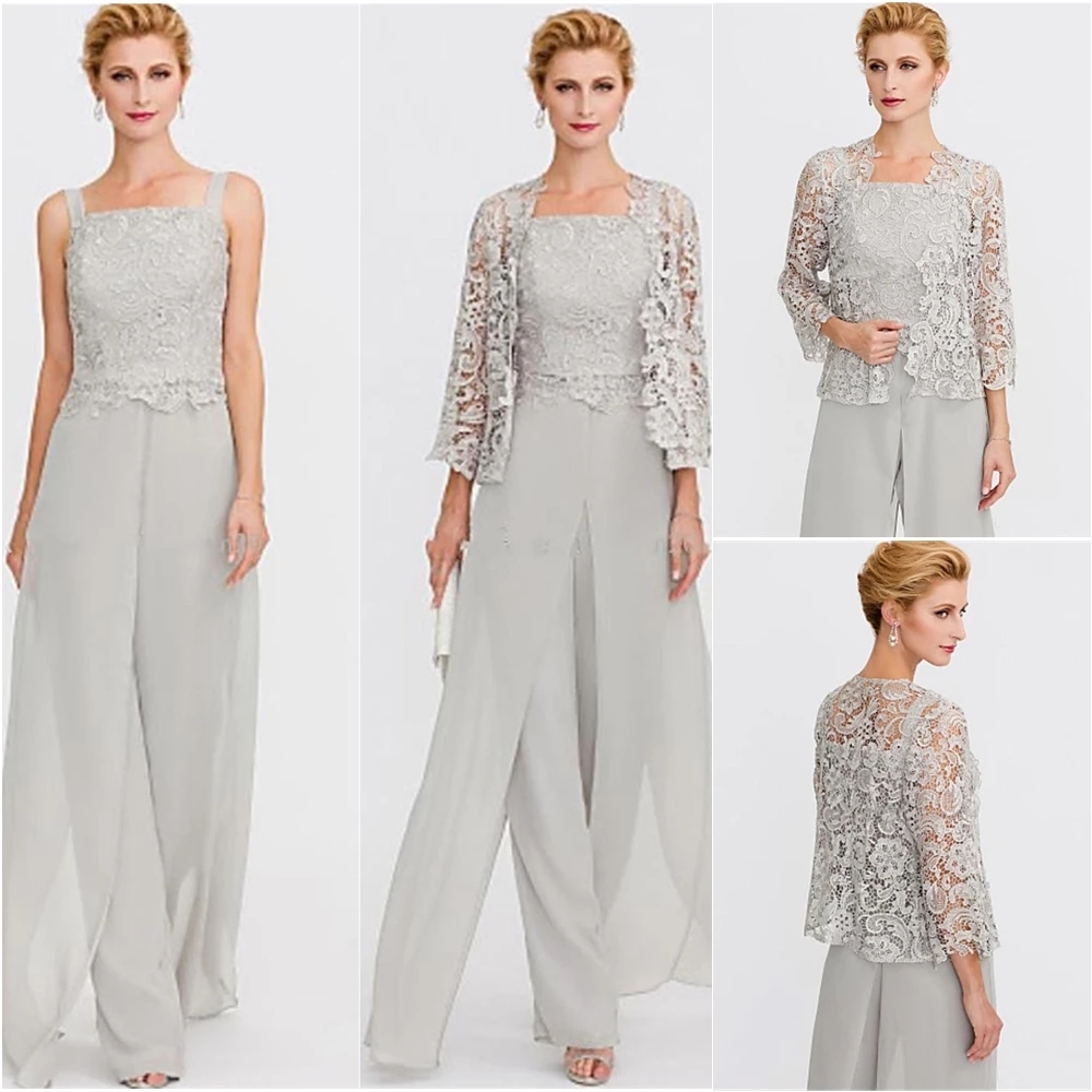 Två stycken Jumpsuits Mother of the Bride Dresses With Lace Jacka Silver Grey Chiffon Long Evening Party Gowns Pants Pants Plus Size275L