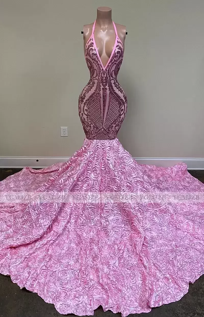 Abiti da ballo lunghi rosa Sirena Nero Ragazze Paillettes Sexy Backless Halter Fiori 3D Donne africane Abiti da sera da cerimonia formale 2023