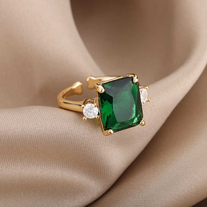 Solitaire Ring Big Green Zircon Square Stone S för kvinnor Rostfritt stål Justerbart fest Estetiska punk smycken gåva Y2302