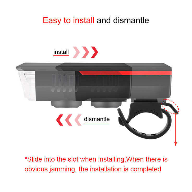 Luci Lampada bici a energia solare Torcia bicicletta anteriore ricaricabile USB 3 modalità Faro da ciclismo MTB con funzione campanello 0202