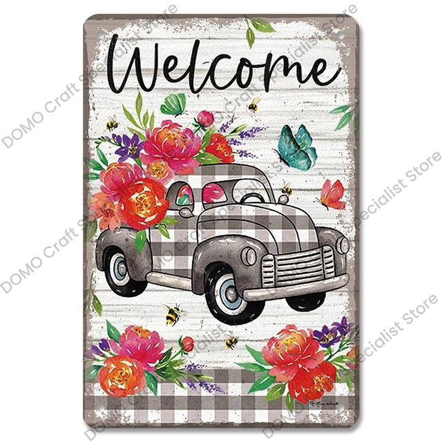 Vintage Bienvenue Affiche Métal Tin Signes Fleurs Oiseaux Voiture Métal Plaque Décoration Murale pour Café Maison Jardin Ferme Plage Cabane 20 cm x 30 cm Woo