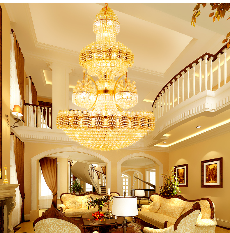 Candelabros de cristal dorado americano, lámpara clásica europea, lámparas colgantes grandes de lujo modernas, escaleras de Villa, vestíbulo del hotel, salón, Droplight
