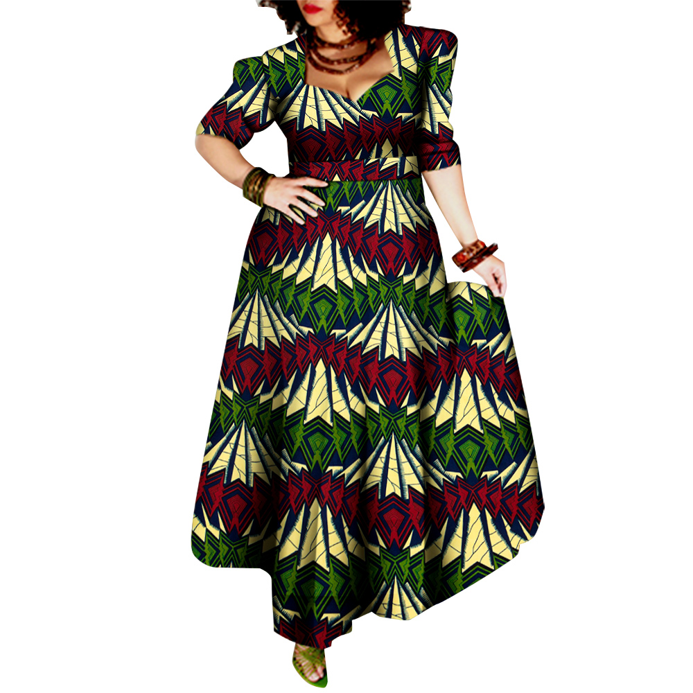 아프리카 여성 스퀘어 넥 드레스 대형 짧은 소매 의류 캐주얼 전통 의류 Wy092