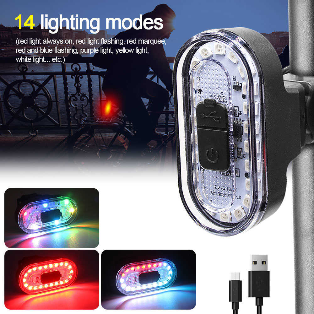 Bike Lights USB Rechargeable Bicycle Taillight 14 Modes Cycling Rear Lamp Waterproof Riding Safety Warning Light 0202