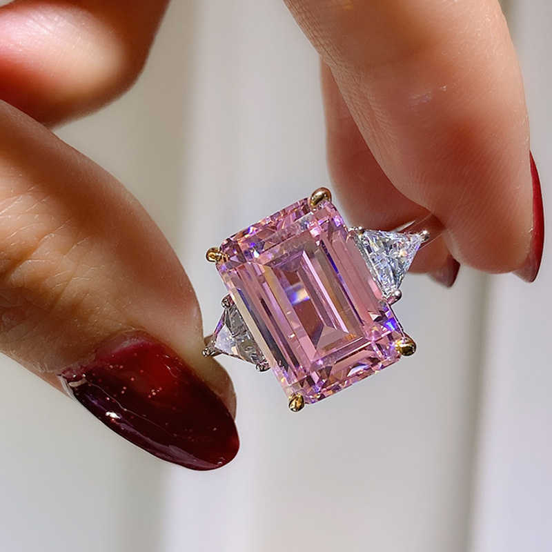 Pierścień Solitaire luksus krystalicznie przezroczysty prostokąt różowy na ślubny palec ślubny cessories modne srebrne 925 damskie biżuterię prezent Y2302
