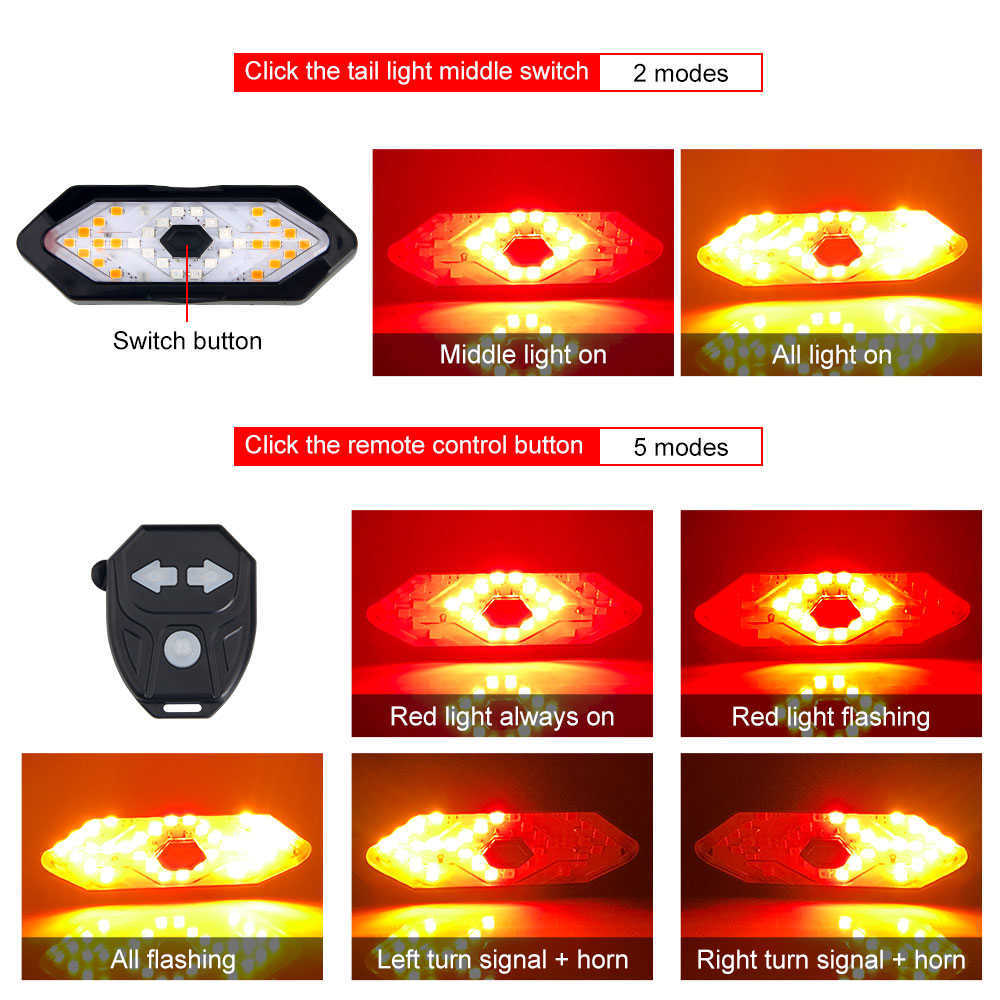 Fietslichten op afstand op afstand fiets LED achterlicht USB oplaadbare draai signaallamp Veiligheid waarschuwing fietsen achterlicht met trompethoorn 0202