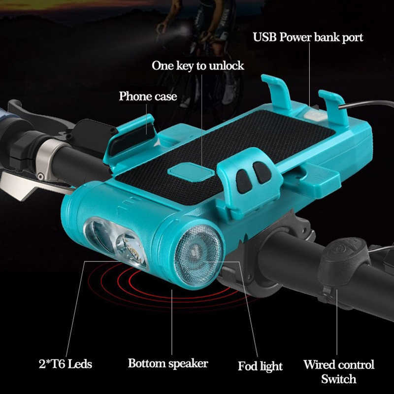 ライト5 in 1自転車ライトフロント懐中電灯ホーンアラーム充電式ランプベルサイクリングバンクパワーアクセサリー自転車電話ホルダー0202