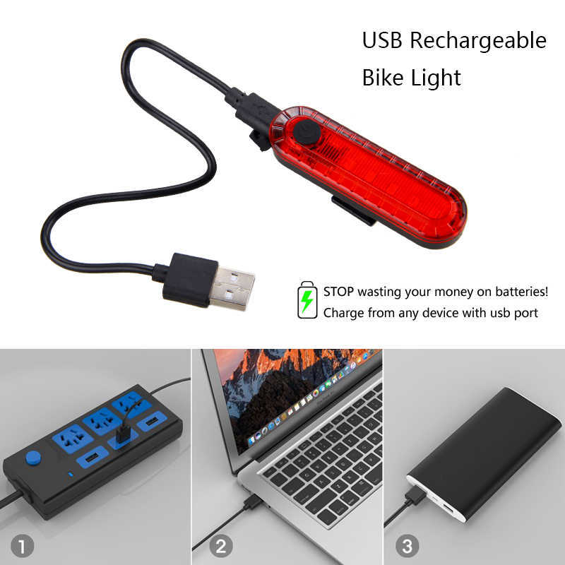 Lumières USB Rechargeable Vélo Feu Arrière LED Vélo Lumière Étanche VTT Avertissement de Sécurité Routière Rouge Vélo Lampe avec Batterie Intégrée 0202