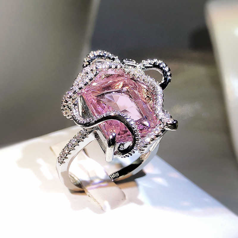 Pierścień Solitaire 2022 Classic Temperament Pink Sapphire Micro Zestaw cyrkon geometria moda damskie przyjęcie weselne Prezent Y2302
