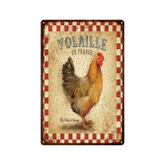 Ovos frescos lata de lata de metal loja de fazenda francesa cafe leite decoração de parede de parede de parede de lata de lata de lata de frango feliz retro placa de metal personalizado tamanho 30x20 w01