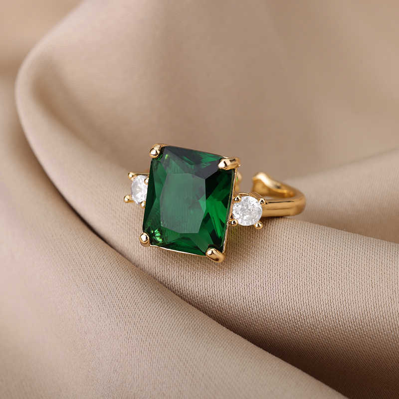 Anello solitario grande zircone verde pietra quadrata s le donne regalo di gioielli punk estetico regolabile in acciaio inossidabile Y2302