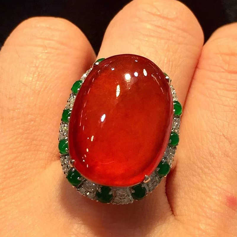 Solitaire Anneau Natural Chalcedony Positif Red Oval grand œuf Fe Anneau ouverture chinoise réglable Jewames Retro Ladies Peculiar Y2302