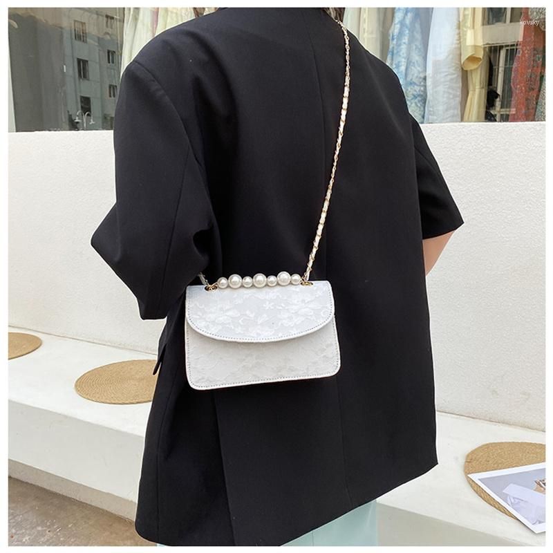 New 2023 Evening Bags Women's Fashion Shoulder Pearl Chain Handbags PU Lace Purse Female Messenger Bag Exquisite Small Square2816