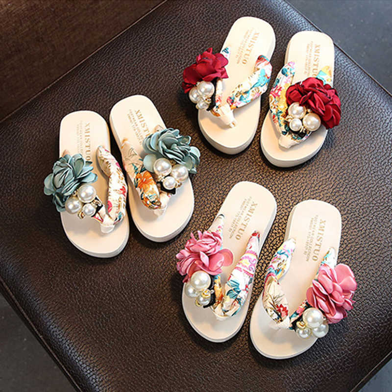Slipper kinderen flip-flops Fashion Pearl Flowers Slippers Summer Bohemia Soft Sole Non-Slip Sandals Baby Girl Beach Shoes 0203