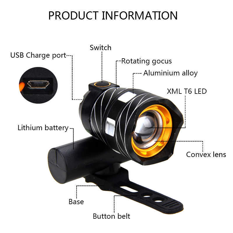 S zoombar framcykel LED-cykellampa USB-laddningsbar strålkastare 3-lägen Ljus med inbyggt batteri 0202