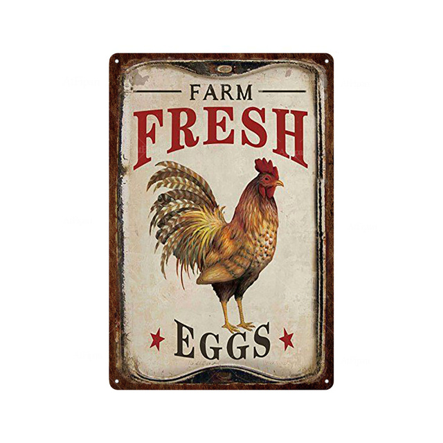 Oeufs frais en métal signe en étain ferme boutique café français lait maison décoration murale Vintage poulet affiche plaques en étain Happy Chicken rétro Plaque poulet affiche décor taille 30X20 CM w01