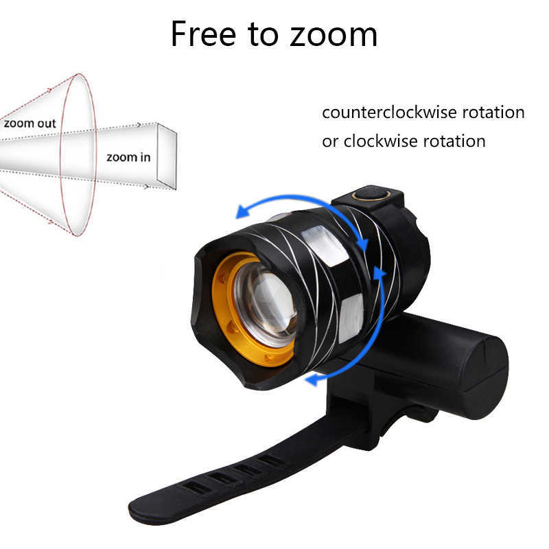 s Zoomable Front Bike USB ricaricabile MTB Torcia bicicletta 3 modalità di luce Lampada da ciclismo Torcia di sicurezza notturna 0202