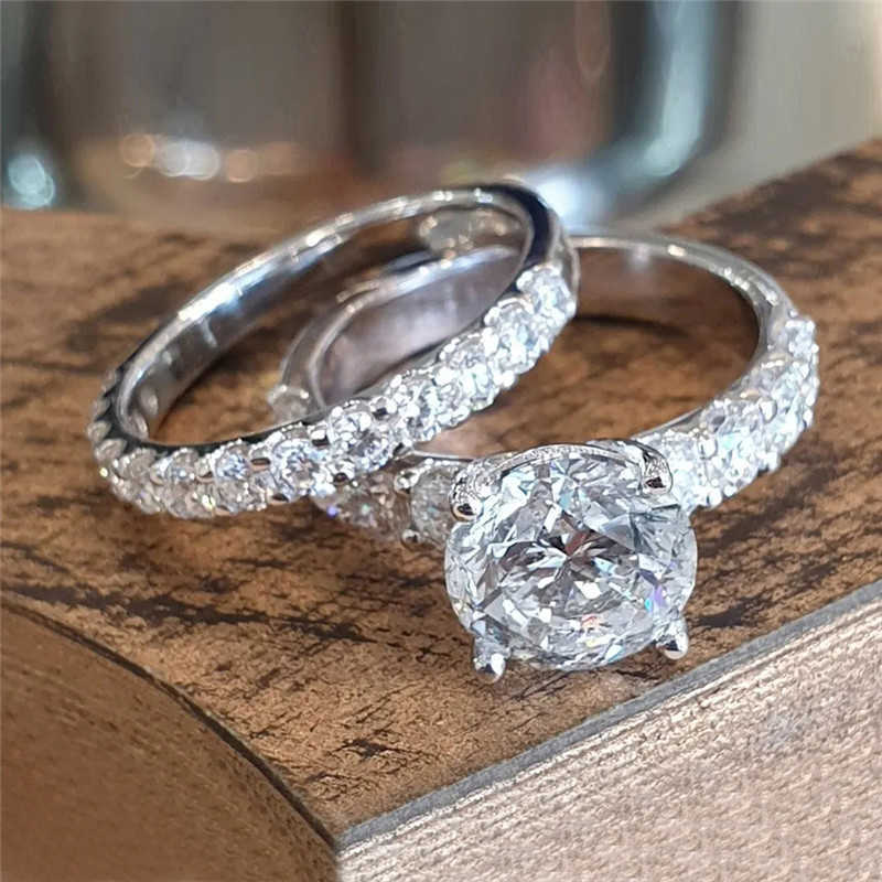 Solitaire Ring Luxury Women Wedding Set Jewelry 2st Silver Color Rings with Dazzling CZ Stone Bridal Marriage Fashion Cessories Y2302