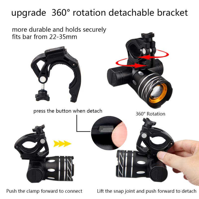 Atualize as luzes Zoomable USB Bicycle Rechargable 3 Modos Lâmpada da cabeça da cabeça frontal Bateria embutida Tocha com suporte rotativo 0202