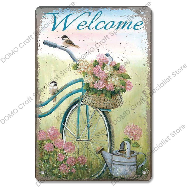 Vintage plakat powitalny metalowe plakietki emaliowane kwiaty ptaki samochód metalowa tablica dekoracje ścienne do kawiarni strona główna ogród Farm Beach Hut 20cm x 30cm Woo